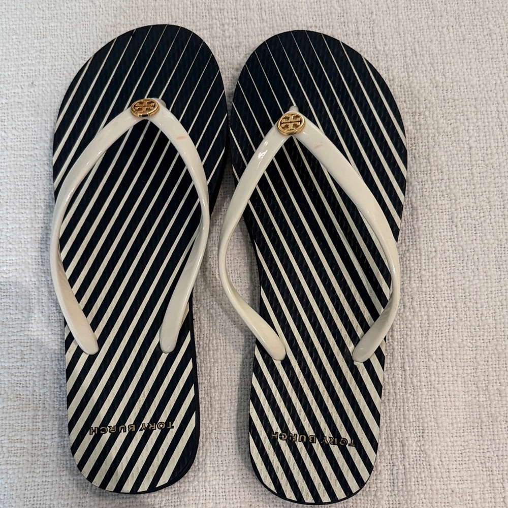 Tory Burch Navy and White Striped Sandals